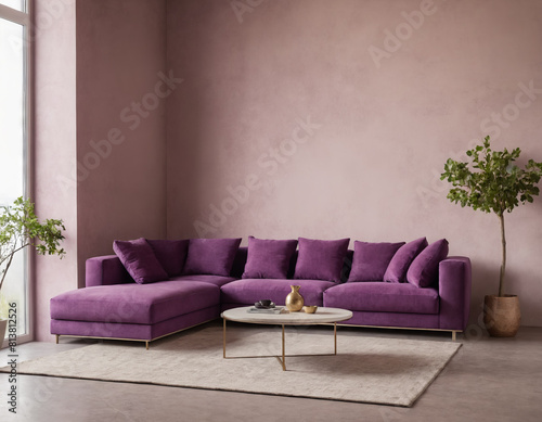 Luxurious Living Room with Purple Velvet Sofa and Modern Decor