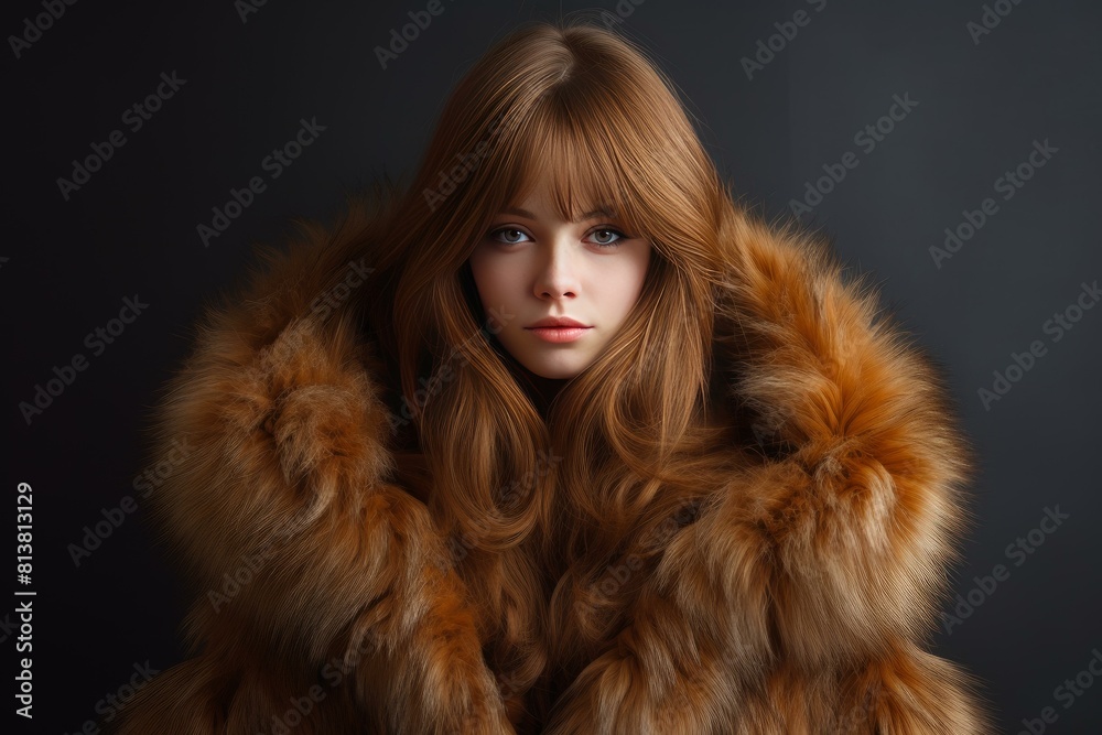 Portrait of a young woman with a captivating gaze wearing a fluffy fur coat Portrait of a young woman with a captivating gaze wearing a fluffy fur coat