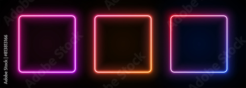 Neon square frame. Led gradient box light. Laser glow geometric border. Bright electric portal. Fluorescent template for banner with text.
