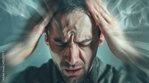A man faints and collapses from dizziness and issues with his balance system experiencing severe headaches and migraines The focus is on assisting individuals dealing with migraines and diz photo