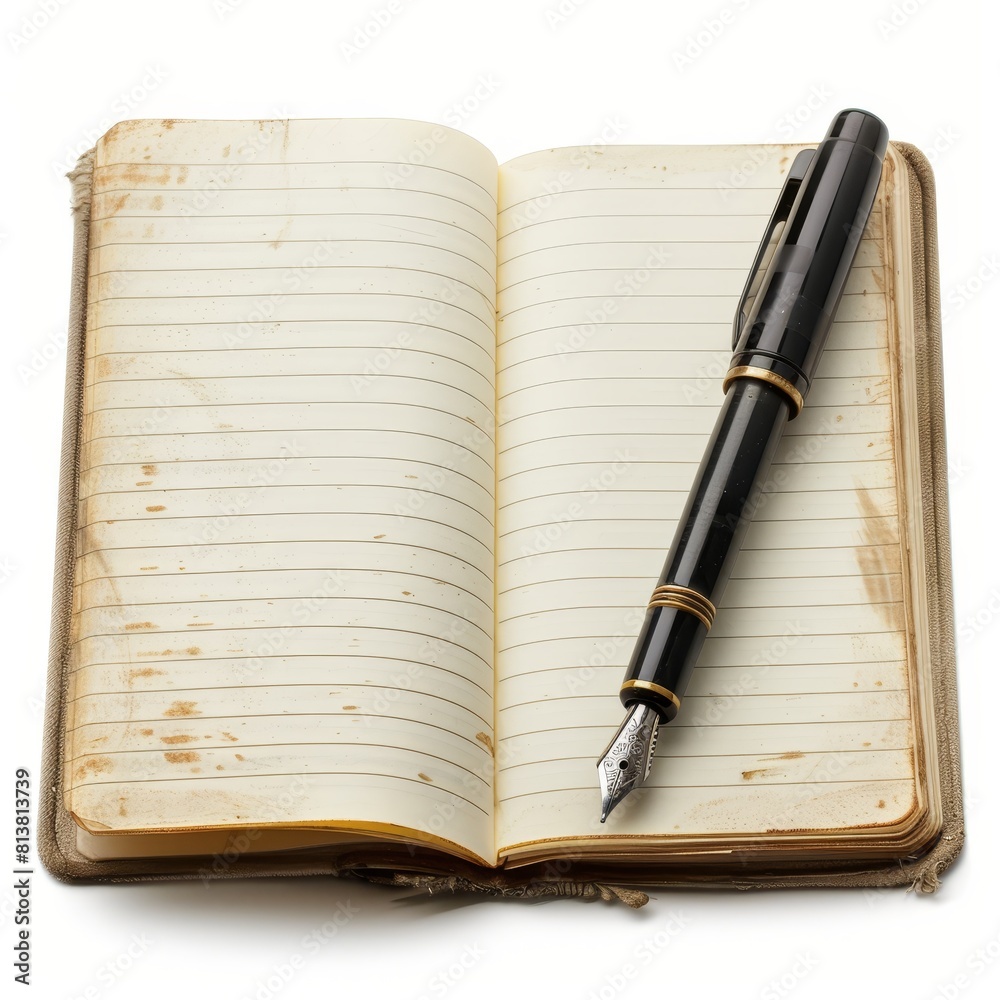 Open journal and pen on an isolated white background, ample copy space, representing the therapeutic journey of expressing and managing depression Open journal and pen on an isolated white background, ample copy space, representing the therapeutic journey of expressing and managing depression