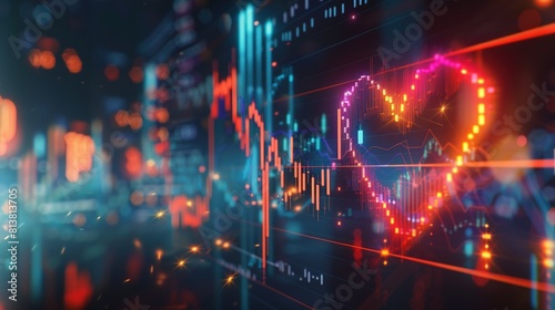 Heartbeat line merging into stock market graph  concept of passion for investing  emotional connection