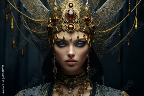 Close-up of a regal woman adorned with a luxurious golden crown and jewelry photo
