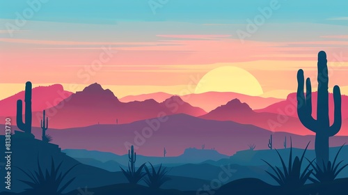 Desert flat design front view, sunset theme, cartoon drawing, Analogous Color Scheme