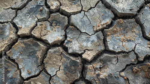 Parched, cracked earth in a closeup view, isolated with ample copy space, representing drought and the increasing heat impact on global agriculture photo