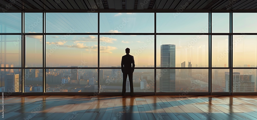 A businessman is looking out through the big office window A businessman is looking out through the big office window