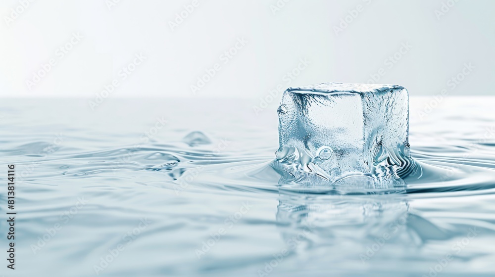 Closeup of a melting ice cube on a plain white surface, isolated background, wide copy space, symbolizing the rapid melting of polar ice caps Closeup of a melting ice cube on a plain white surface, isolated background, wide copy space, symbolizing the rapid melting of polar ice caps
