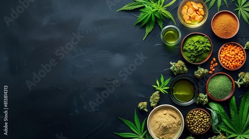Healthy cooking with cannabis in flat design top view nutrition theme cartoon drawing vivid