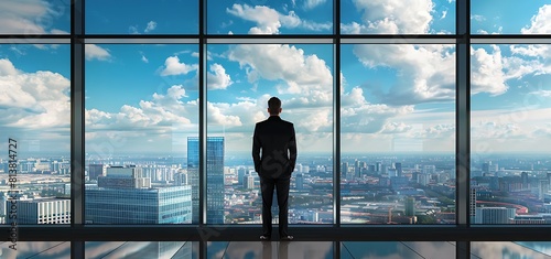 A businessman is looking out through the big office window