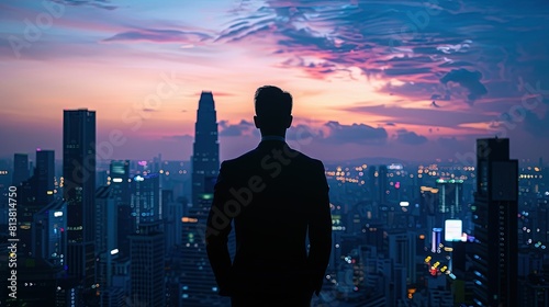 Silhouette of an investor overlooking city skyline at dusk  contemplating investment decisions  future growth visual