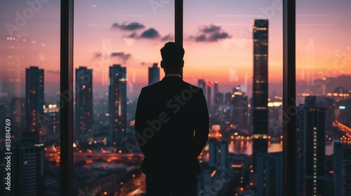 Silhouette of an investor overlooking city skyline at dusk, contemplating investment decisions, future growth visual