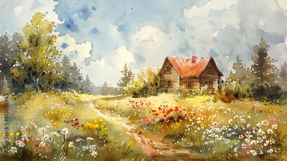 Fototapeta premium vintage watercolor painting of old house in the meadow of flowers