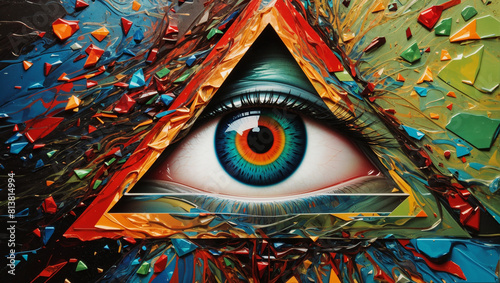 This is a painting of an eye inside a triangle.  photo