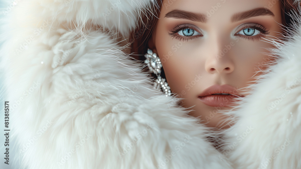 Fashion studio portrait of beautiful lady in white fur coat and fur hat. Winter beauty in luxury. Fashion studio portrait of beautiful lady in white fur coat and fur hat. Winter beauty in luxury.