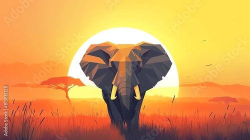 Elephant flat design front view, safari theme, animation, vivid photo