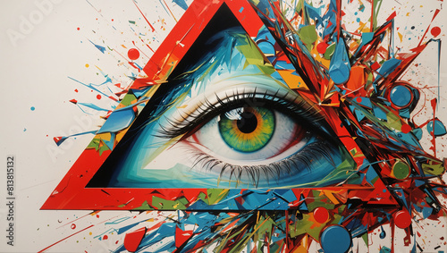 This is a painting of an eye inside a triangle.  photo