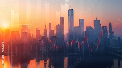 Sunrise over financial district  skyscrapers  silhouettes against a market growth chart  new beginnings