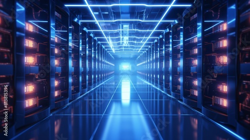 A bustling data center filled with rows upon rows of servers, their lights blinking in a mesmerizing rhythm.