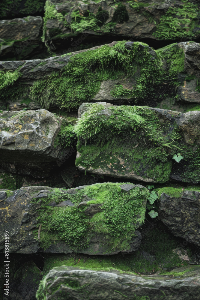 Textured patterns of moss-covered stone steps, with their earthy tones and soft textures creating a minimalist composition Textured patterns of moss-covered stone steps, with their earthy tones and soft textures creating a minimalist composition