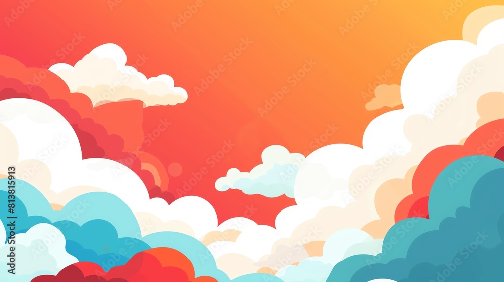 Fluffy clouds flat design top view, sunny day theme, cartoon drawing, Analogous Color Scheme
