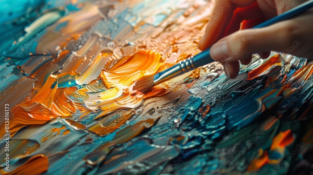 Close-Up of an Artist’s Hand Applying Vibrant Paints with a Brush on a Textured Canvas in an Abstract Painting