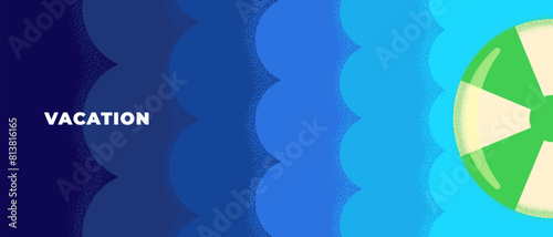 Abstract retro minimal summer travel horizontal banner. Vintage print rest on sea with beach ball on waves. Summertime tourist vacation party graphic design. Trendy minimalism seasonal eps background