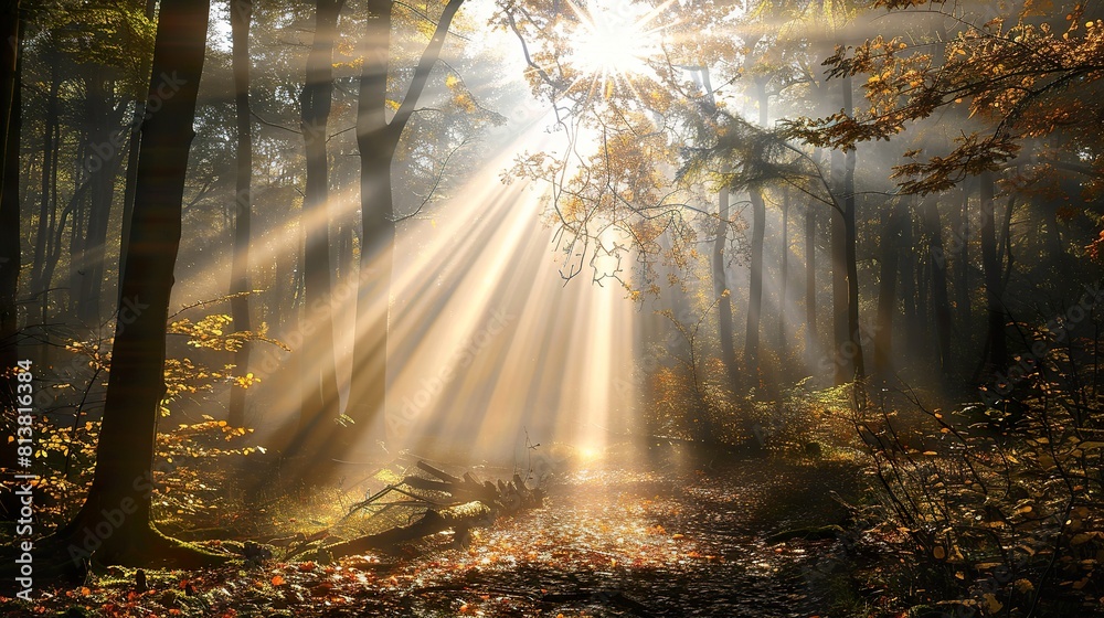 Image of Sunbeams Filtering Through Autumnal Forest Canopy