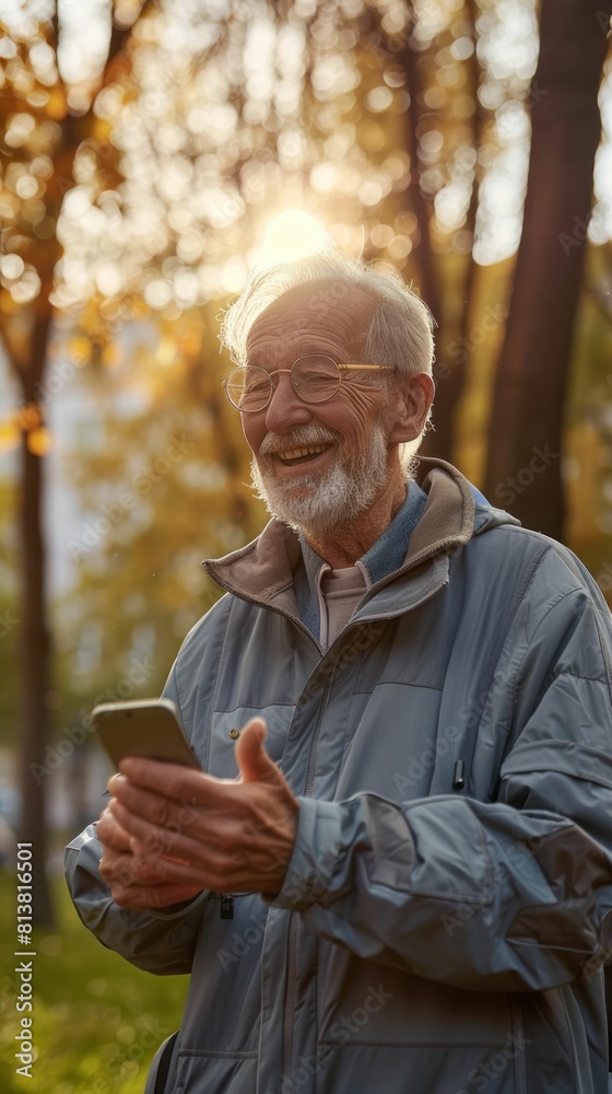 Elderly man using cell phone in autumn park with trees in background on sunny day Elderly man using cell phone in autumn park with trees in background on sunny day