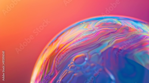 A close-up shot of a soap bubble, its iridescent surface shimmering with a rainbow of colors. The bubble's thin membrane reflects the surrounding light, creating a mesmerizing gradient effect. photo