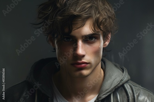 Close-up portrait of a young man with messy hair and an intense gaze against a dark backdrop © juliars