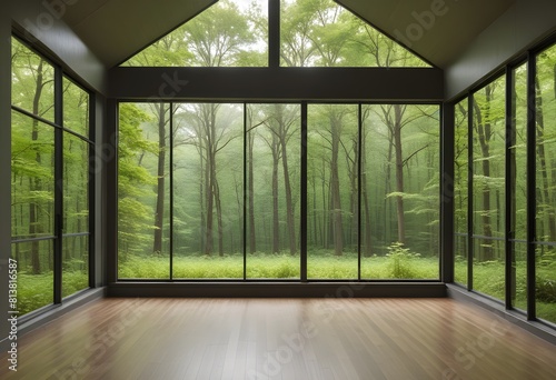 An empty room with large windows overlooking a lush  green forest outside