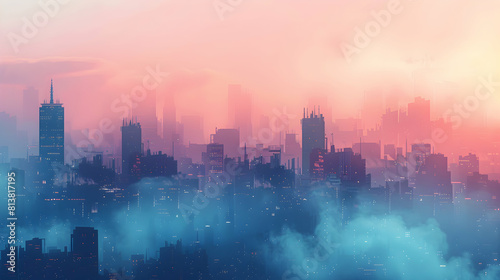 Cityscape in Morning Mist: Urban skyline obscured by thick mist merging city life with the mystery of nature. Flat design backdrop with a touch of mystery and urban charm. © Gohgah