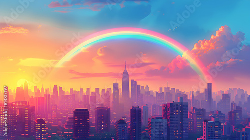 Urban vs. Natural Beauty: Cityscape Rainbow Flat Design Backdrop