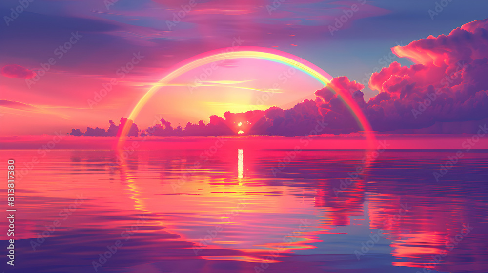 Coastal Rainbow Reflections: A perfect flat design backdrop featuring a serene coastal scene with a stunning rainbow reflection at dusk, seamlessly merging sea and sky   flat illus