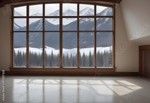 An empty room with large windows overlooking a a snowy mountain landscape outside