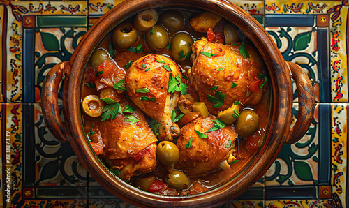 A close-up of a Moroccan chicken tagine with green olives and garnish. Generate AI