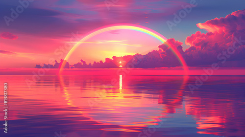 Coastal Rainbow Reflections: A perfect flat design backdrop featuring a serene coastal scene with a stunning rainbow reflection at dusk, seamlessly merging sea and sky flat illus