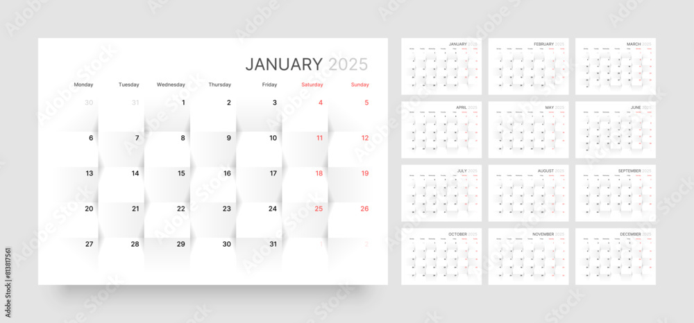 Monthly calendar template for 2025 year. Wall calendar in a minimalist style. Week Starts on Monday. Monthly calendar template for 2025 year. Wall calendar in a minimalist style. Week Starts on Monday.