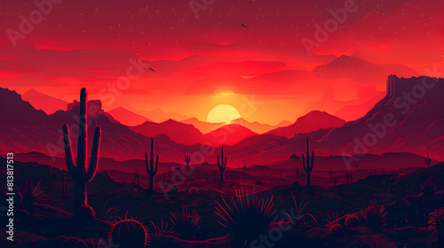 Desert Sunset Serenity: The desert comes alive at sunset with cacti silhouettes against a fire red sky, offering a moment of serenity flat design backdrop illustration