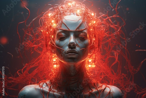 Sci-fi inspired image depicting a female cyborg with intricate glowing red wiring around her head