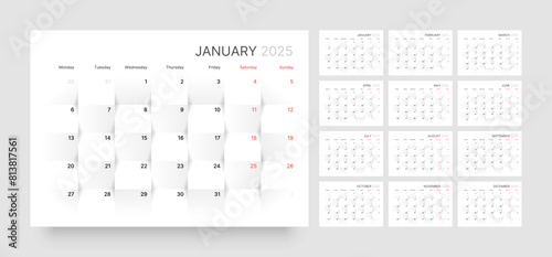 Monthly calendar template for 2025 year. Wall calendar in a minimalist style. Week Starts on Monday. 
