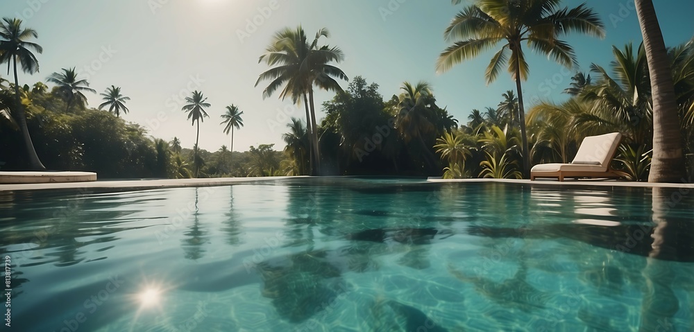 Swimming pool with palm trees and sun loungers in luxury resort