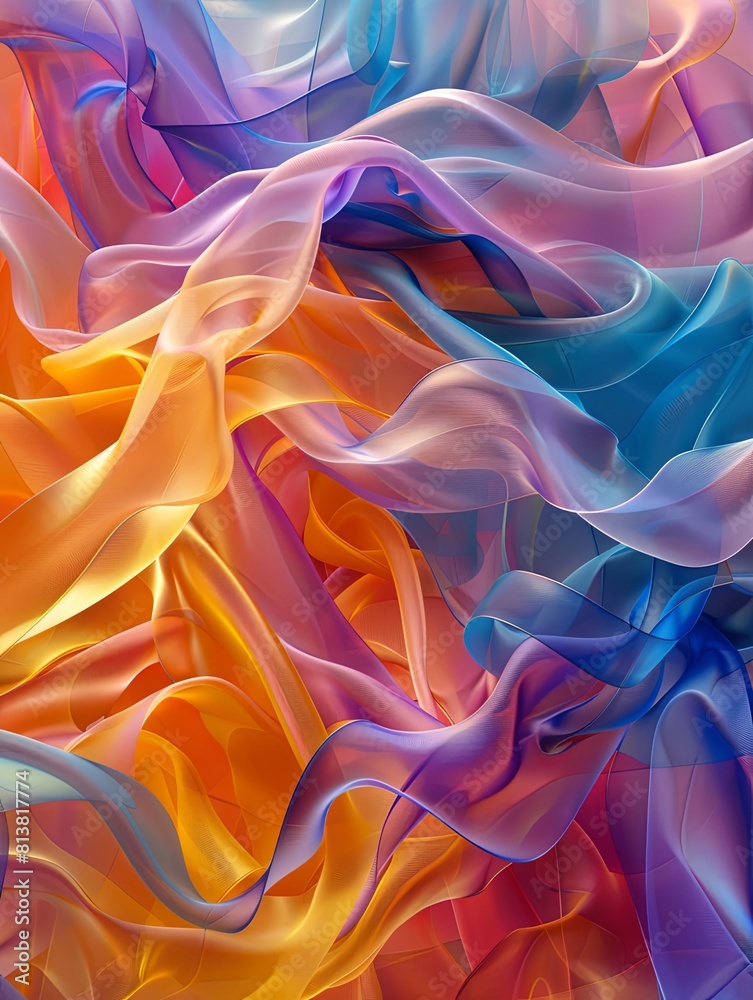 3D render of flowing silk ribbons, vibrant color spectrum, elegant and fluid motion