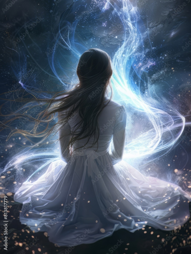 woman against the background of energy flow. woman against the background of energy flow.