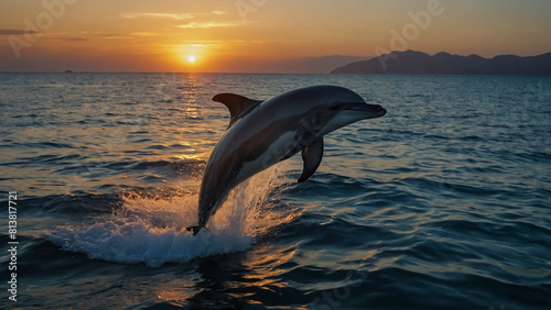 Beautiful dolphin jumping from shining water . Dolphins jumping . landscape at sunset . 