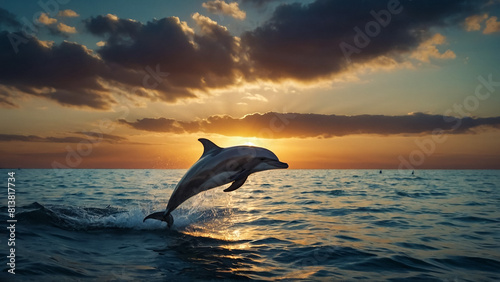 Beautiful dolphin jumping from shining water . Dolphins jumping . landscape at sunset . 