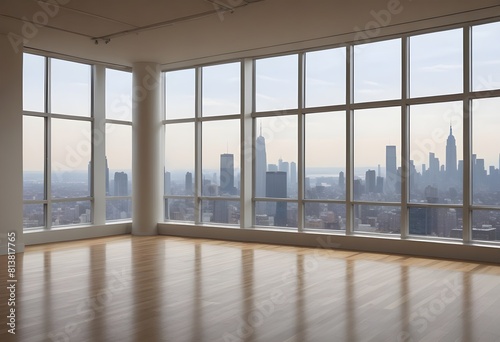 An empty room with large windows overlooking a a bustling city skyline outside