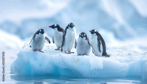 Flock of four lovely penguins floating on small iceberg in cold Antarctic sea waters with picturesque moody landscape background. Beauty in Nature  Eco concept image