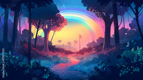 Enchanting Forest Trail Rainbow: A vibrant flat design backdrop guiding adventurers through lush woodland scenery with a rainbow touch. Flat illustration.