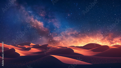 The Galactic Core Rising Over Desert Dunes A Flat Design Backdrop Illustrating the Stark Contrast Between Sand and Stars